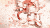a red object is surrounded by pink petals with chinese writing on the bottom