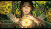 a painting of a woman holding a glowing object in her hands