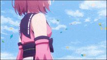 a girl with pink hair is standing in front of a blue sky with confetti falling