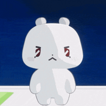 a white teddy bear with an angry face and a red nose