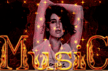 a picture of a woman with the word music in the background
