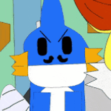a cartoon drawing of a blue and white fish with a t on its chest