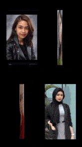 a collage of four pictures of a woman with one wearing a black jacket