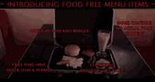 a briefcase filled with food items and the words introducing food free menu items on top