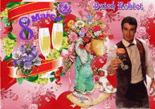 a man is holding a bouquet of flowers in front of a floral background with the number 8 on it
