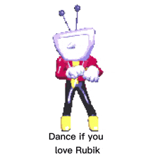 a pixel art of a person with a television head and the words dance if you love rubik