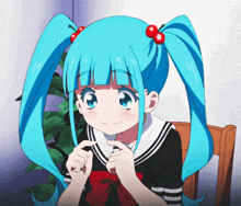a girl with blue hair and cherries in her hair is smiling