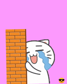 a cartoon cat is crying behind a brick wall with the words tega amat akoo jd sedih nah