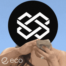 a woman is holding a stack of money in front of a logo that says ' eco '
