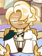 a cookie run character is sitting on a table with his eyes closed and his arms outstretched .