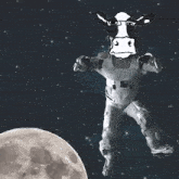 a drawing of a cow in a space suit with a moon in the background