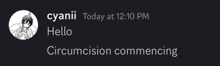 a black background with a picture of a boy and the words " cyanii today at 12:10 pm hello circumcision commencing "