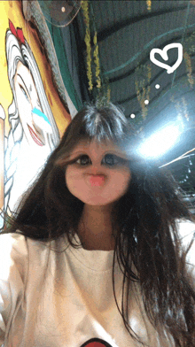 a girl with long hair making a funny face with a heart above her