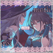 two anime girls are standing next to each other with the name rei on the bottom right