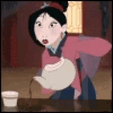 a cartoon girl is holding a teapot and a cup of tea .