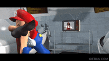 a cartoon of mario standing in front of a television with gifrun.com written on the bottom