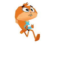 an orange cartoon character with a blue shirt and shorts is running