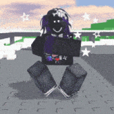 a girl with purple hair is holding a box and smiling in a video game