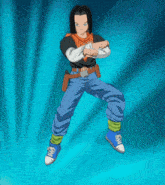 a cartoon character in a black shirt and blue pants