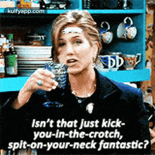 a woman is holding a glass of wine and talking to another woman .