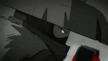 a black and white drawing of a ninja with a red belt