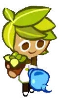 a cookie run character with a green leaf on his head is holding a watering can .
