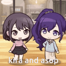 two anime girls are standing next to each other and the words kira and a sop are written on the bottom