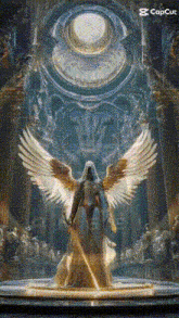 a statue of an angel holding a sword in front of a dome .