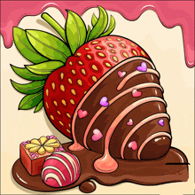 a strawberry dipped in chocolate with hearts and a flower