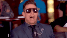 a man in a suit and tie wearing sunglasses is making a funny face