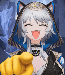 a cartoon character with a cat ear and a yellow finger pointing at the camera
