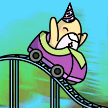 a cartoon character wearing a party hat is riding a rollercoaster