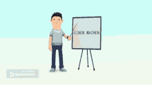 a cartoon man is pointing at a whiteboard that says einen machen