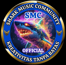 a logo for the shark music community with a shark on it