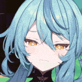a close up of a girl 's face with blue hair