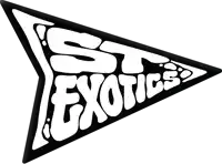 a black and white logo for st exotics in a triangle shape