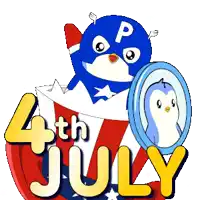 a 4th of july logo with a penguin and a penguin in a magnifying glass