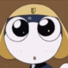 a close up of a cartoon character with big eyes wearing glasses and a yellow hat .