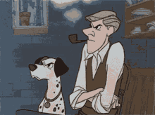 a cartoon of a man smoking a pipe and a dalmatian