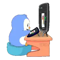 a cartoon of a penguin sitting at a desk with the word pengu on the bottom