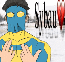 a cartoon drawing of a superhero giving the middle finger in front of the word syeau