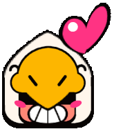 a pixel art drawing of a yellow duck with a pink heart above its head .