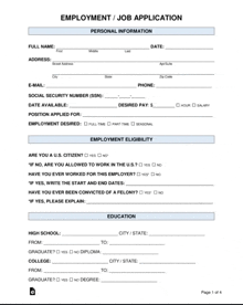 a black and white employment / job application with a lot of information on it
