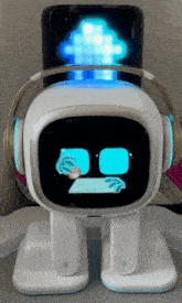a robot wearing headphones is displaying a blue screen