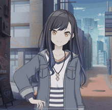 a girl is standing in front of a sign that says open on it