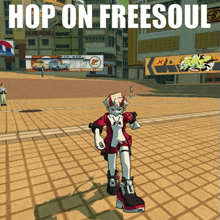 a video game called hop on free soul has a girl in a red jacket