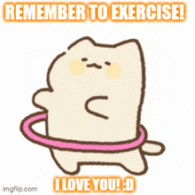 a cartoon cat is holding a pink hula hoop and saying remember to exercise i love you