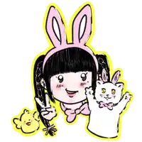 a girl wearing bunny ears is holding a cat and a chick
