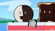 a cartoon character holding a bag of food next to a slice of bread with a face on it
