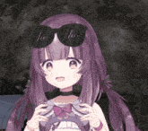 a purple haired anime girl wearing sunglasses and a choker